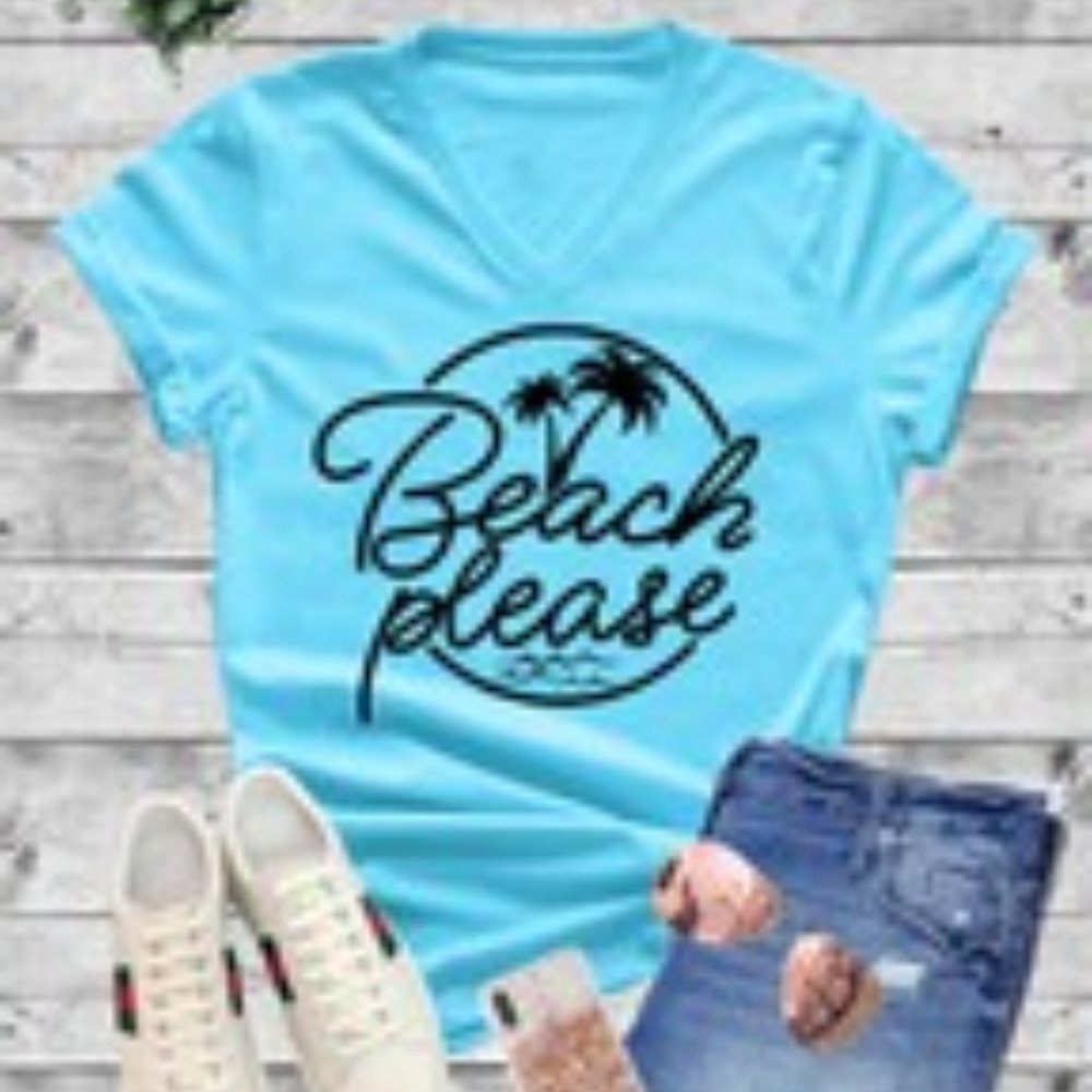 Pacific Blue Colored V-Neck Beach Please T-shirt